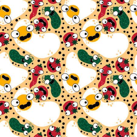 Autumn vegetable seamless tomatoes and cucumbers pattern for wrapping paper and fabrics and lines and kids clothes print and kitchen textiles and fashion accessories. High quality illustrationの写真素材