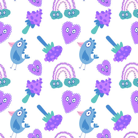 Cartoon doodle seamless mushrooms and birds and clouds and hearts pattern for wrapping paper and...
