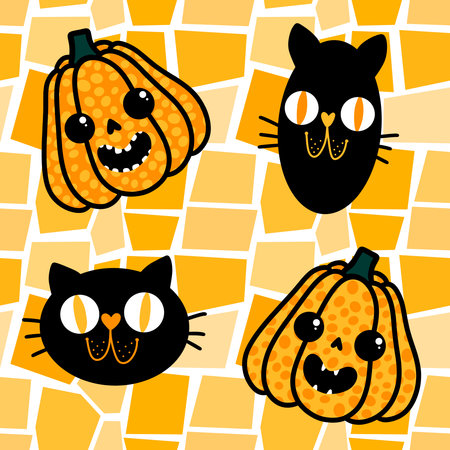 Halloween pumpkins seamless monsters pattern for wrapping paper and fabrics and lines and kids clothes print and festive packaging and autumn party accessories. High quality illustrationの写真素材
