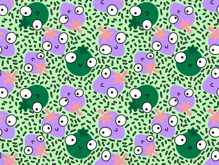 Summer cartoon line art berries seamless strawberry fruit pattern for wrapping paper and fabrics and kids clothes print and festive packaging and kitchen accessories. High quality illustrationの写真素材