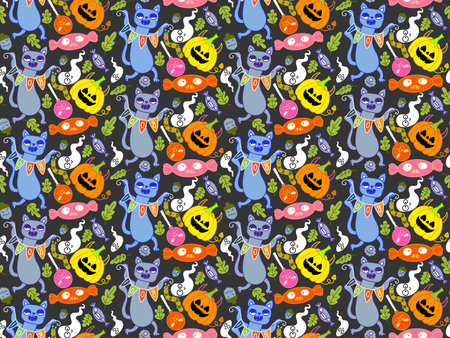 Halloween animals seamless cats and pumpkins pattern for wrapping paper and fabrics and lines and kids clothes print and party accessories. High quality illustrationの写真素材