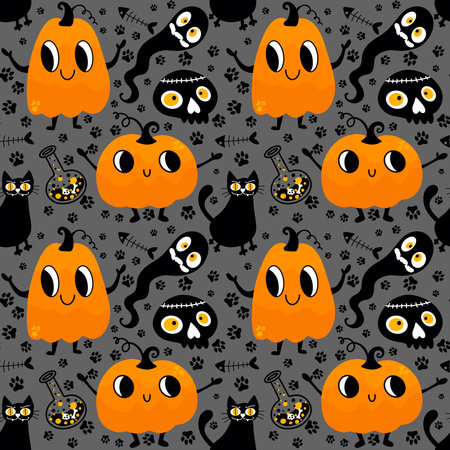 Halloween pumpkins seamless monsters pattern for wrapping paper and fabrics and lines and kids clothes print and festive packaging and autumn party accessories. High quality illustrationの写真素材