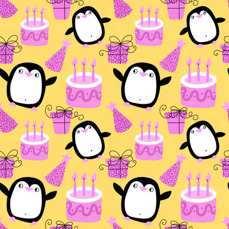 Cartoon birthday seamless penguin and cake pattern for wrapping paper and fabrics and lines and kids clothes print and party accessories. High quality photoの写真素材