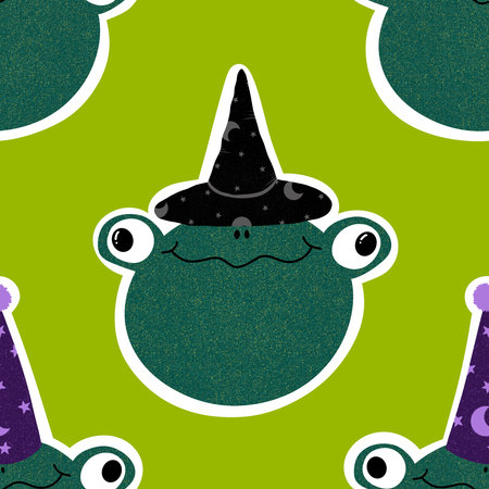 Halloween animals seamless frogs wizard pattern for wrapping paper and fabrics and lines and kids clothes print and autumn party accessories. High quality illustrationの写真素材