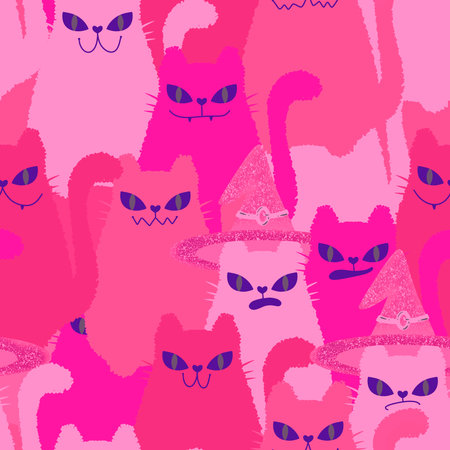 Halloween animals seamless cats witch pattern for wrapping paper and fabrics and lines and kids clothes print and party accessories. High quality illustrationの写真素材