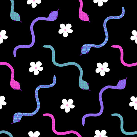 Summer cartoon animals seamless snake pattern for wrapping paper and fabrics and lines and kids clothes print and new 2025 year and festive packaging and zoo accessories. High quality illustrationの写真素材