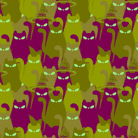 Halloween animals seamless cats witch pattern for wrapping paper and fabrics and lines and kids clothes print and party accessories. High quality illustrationの写真素材