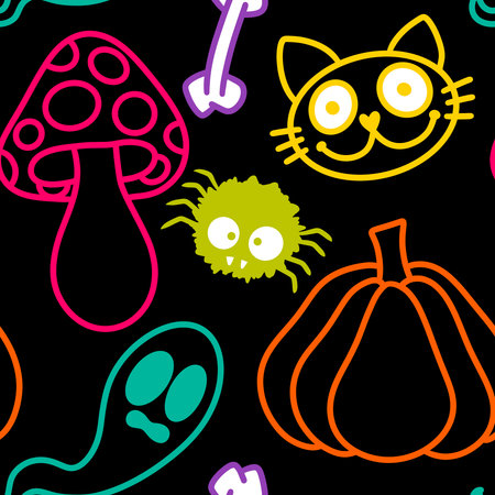 Halloween pumpkins seamless monsters pattern for wrapping paper and fabrics and lines and kids clothes print and festive packaging and autumn party accessories. High quality illustrationの写真素材
