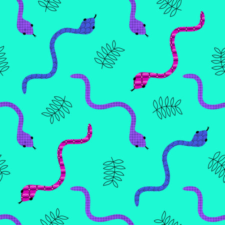 Summer cartoon animals seamless snake pattern for wrapping paper and fabrics and lines and kids clothes print and new 2025 year and festive packaging and zoo accessories. High quality illustrationの写真素材