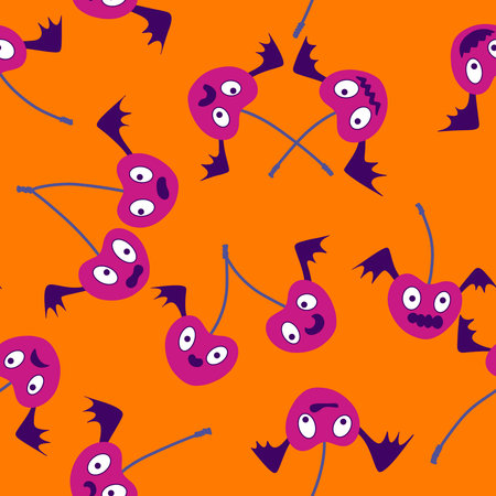 Halloween monsters seamless cherry vampire with wings pattern for wrapping paper and fabrics and lines and kids clothes print and autumn party accessories. High quality illustrationの写真素材