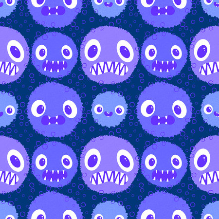 Cartoon monsters with teeth seamless Halloween circle watercolor animals pattern for wrapping paper and fabrics and lines and autumn party accessories. High quality illustrationの写真素材