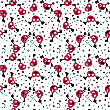 Halloween monsters seamless cherry vampire with wings pattern for wrapping paper and fabrics and lines and kids clothes print and autumn party accessories. High quality illustrationの写真素材