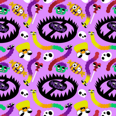 Halloween candy seamless monster face pattern for wrapping paper and fabrics and lines and kids clothes print and autumn party accessories. High quality illustrationの写真素材