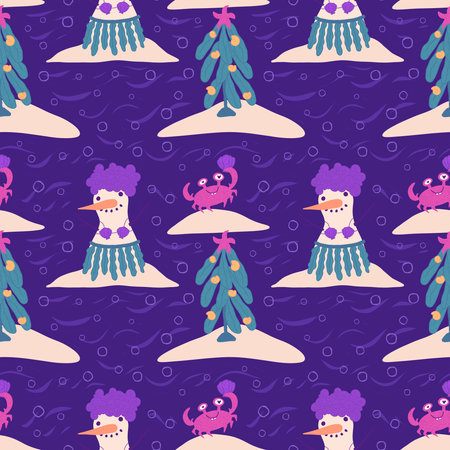 Christmas on the beach seamless snowman and sand pattern for wrapping paper and fabrics and lines and kids clothes print and new year party accessories. High quality illustrationの写真素材