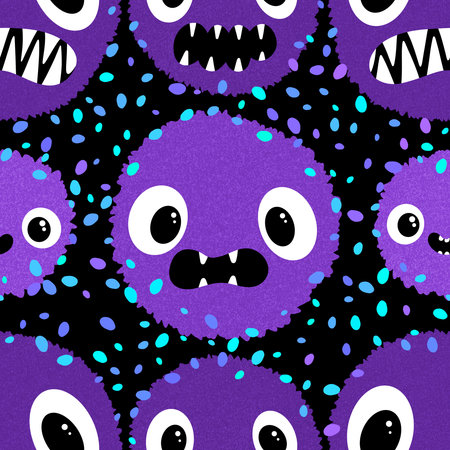 Cartoon monsters with teeth seamless Halloween circle watercolor animals pattern for wrapping paper and fabrics and lines and autumn party accessories. High quality illustrationの写真素材