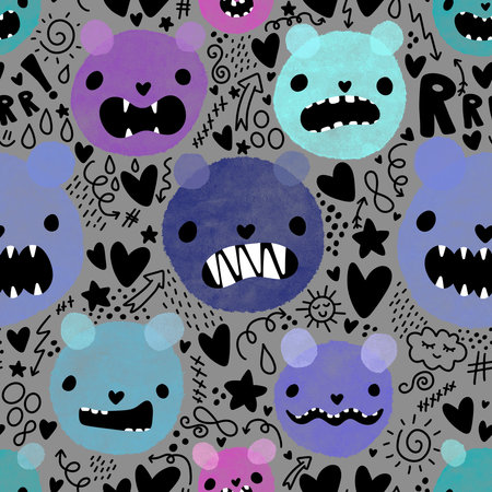 Cartoon monsters with teeth seamless Halloween circle watercolor animals pattern for wrapping paper and fabrics and lines and autumn party accessories. High quality illustrationの写真素材