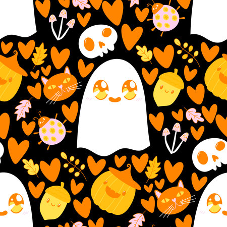 Halloween ghost seamless cartoon pattern for wrapping paper and fabrics and lines and kids clothes print and packaging and festive accessories. High quality illustrationの写真素材
