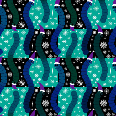 Christmas animals seamless worms and Santa hat pattern for wrapping paper and fabrics for linen and kids clothes print and new year party accessories and winter packaging. High quality illustrationの写真素材