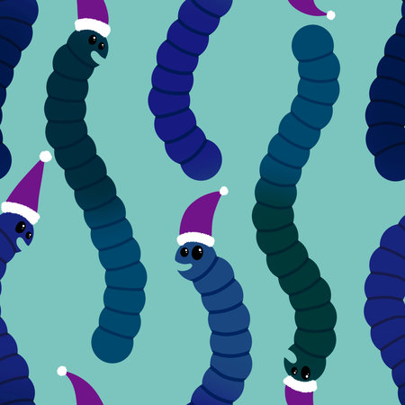 Christmas animals seamless worms and Santa hat pattern for wrapping paper and fabrics for linen and kids clothes print and new year party accessories and winter packaging. High quality illustrationの写真素材