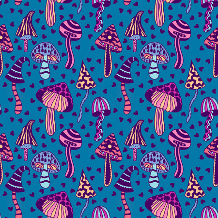 Cartoon autumn harvest seamless Halloween mushrooms pattern for wrapping paper and fabrics and lines and kids print and packaging festive and accessories. High quality illustrationの写真素材