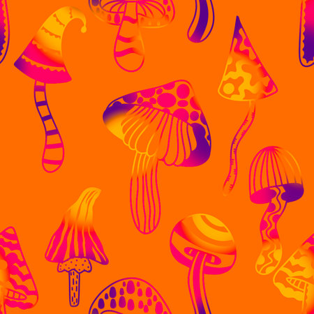 Cartoon autumn harvest seamless Halloween mushrooms pattern for wrapping paper and fabrics and lines and kids print and packaging festive and accessories. High quality illustrationの写真素材