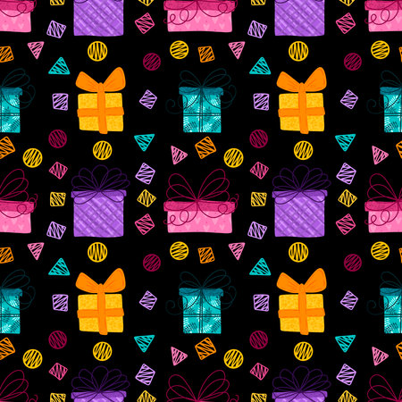 Christmas gift box seamless winter pattern for wrapping paper and fabrics and lines and birthday packaging and party accessories and kids clothes print. High quality illustrationの写真素材