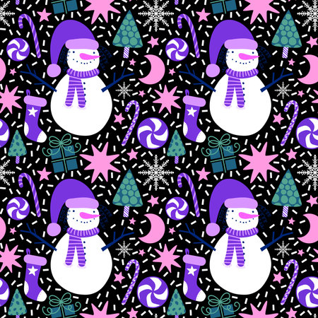 Winter seamless snowman pattern for fabrics and textiles and packagingの写真素材