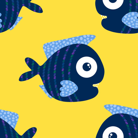Ocean seamless pattern with cartoon fish design on yellow backgroundの写真素材
