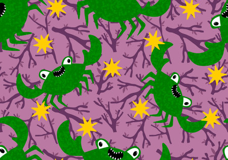 Seamless pattern featuring green cartoon crabs and yellow stars on a purple background with branch-like designsの写真素材