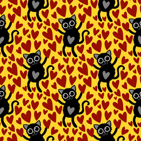 Animals seamless cats and hearts pattern for wrapping paper and fabrics and kids clothes print and 14 February party accessories. High quality photoの写真素材