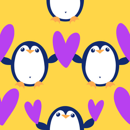 Valentines cute animals in love seamless penguin and heart pattern for 14 February wrapping paper and kids clothes print and winter party accessories . High quality illustrationの写真素材
