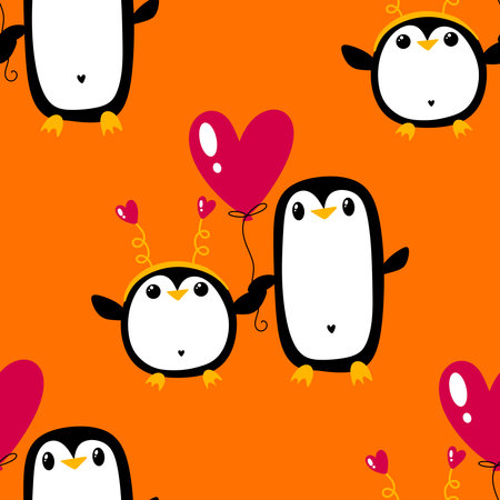 Valentines cute animals in love seamless penguin and heart pattern for 14 February wrapping paper and kids clothes print and winter party accessories . High quality illustrationの写真素材