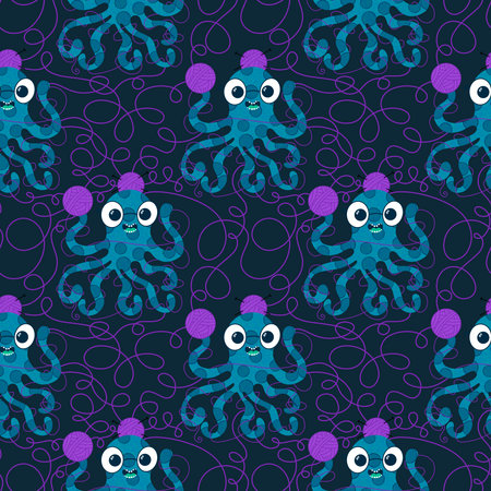 Cartoon sea animals seamless octopus and knitting pattern for hobby accessories and fabric and linensの写真素材
