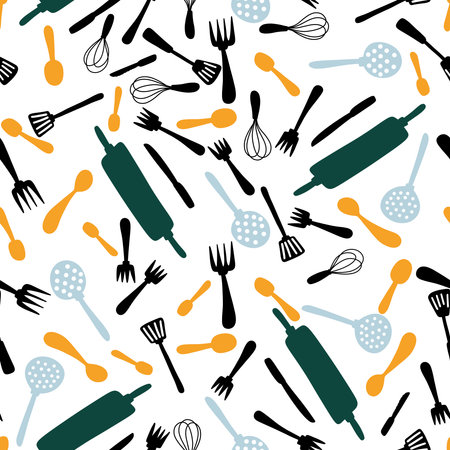 Kitchen utensils seamless fork and spoon pattern for wrapping paper and fabrics and clothes print and home textile and packaging shops. High quality photoの写真素材