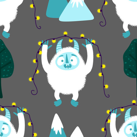 Winter monsters seamless Christmas pattern for wrapping paper and fabrics and lines and kids clothes print and new year packaging. High quality illustrationの写真素材