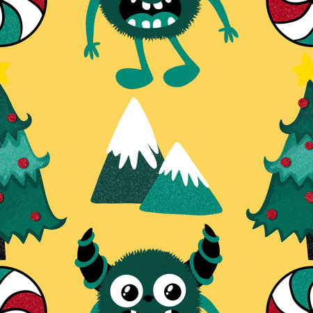Winter monsters seamless Christmas yeti pattern for wrapping paper and fabrics and lines and kids clothes print and new year packaging. High quality illustrationの写真素材