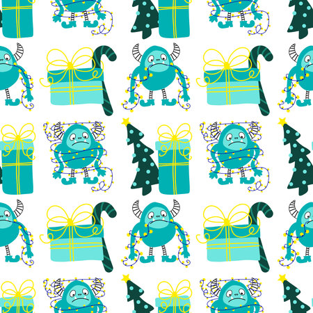 Winter monsters seamless Christmas pattern for wrapping paper and fabrics and lines and kids clothes print and new year packaging. High quality illustrationの写真素材