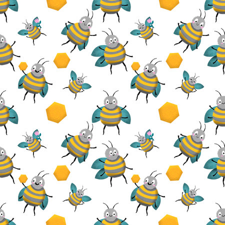 Kids seamless bee pattern for wallpaper and fabrics and textiles and packaging and gifts and cards and linens and wrapping paper. High quality illustrationの写真素材
