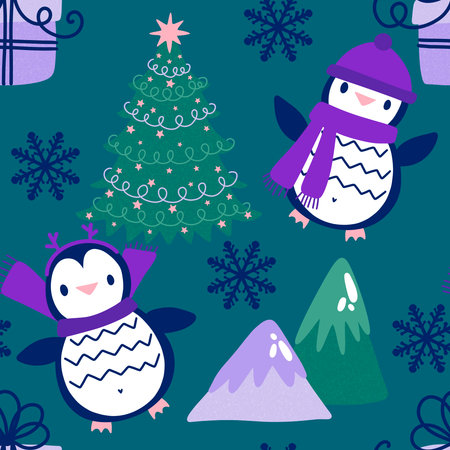 Christmas animals seamless penguin pattern for wrapping paper and fabrics and lines and kids clothes print and new year packaging and Noel winter packaging. High quality illustrationの写真素材