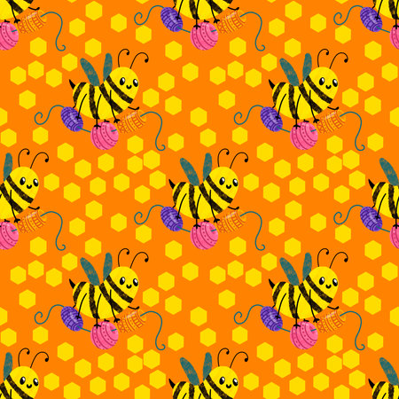 Kids seamless bee pattern for wallpaper and fabrics and textiles and packaging and gifts and cards and linens and wrapping paper. High quality illustrationの写真素材