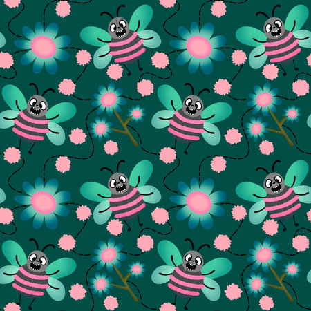 Kids seamless bee pattern for wallpaper and fabrics and textiles and packaging and gifts and cards and linens and wrapping paper. High quality illustrationの写真素材