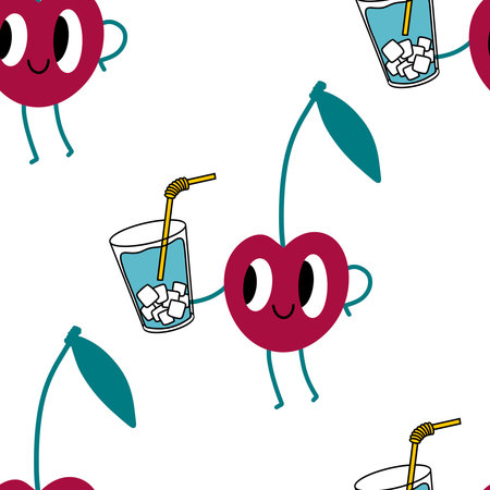 Summer fruit seamless cherry berry pattern for wrapping paper and fabrics and lines and kids clothes print and fashion textiles and party accessories and kitchen. High quality illustrationの写真素材