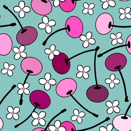 Summer fruit seamless cherry berry pattern for wrapping paper and fabrics and lines and kids clothes print and fashion textiles and party accessories and kitchen. High quality illustrationの写真素材