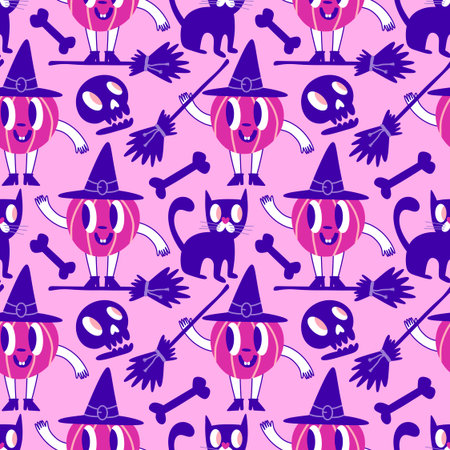 Halloween animals seamless cats and ghost pattern for wrapping paper and fabrics and lines and kids clothes print and party accessories. High quality illustrationの写真素材