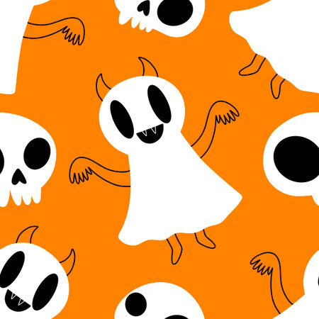 Halloween ghost seamless cartoon pattern for wrapping paper and fabrics and lines and kids clothes print and packaging and festive accessories. High quality illustrationの写真素材