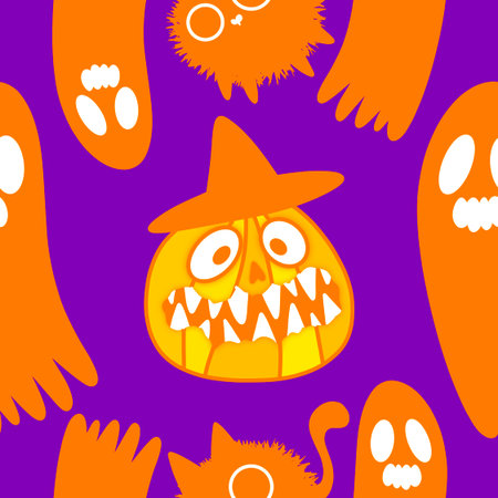 Halloween animals seamless cats and ghost pattern for wrapping paper and fabrics and lines and kids clothes print and party accessories. High quality illustrationの写真素材