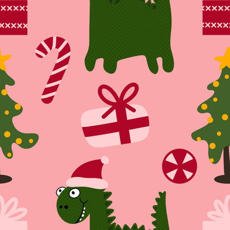 Christmas tree seamless dragon and gift box and balls and penguin pattern for wrapping paper and fabrics and winter accessories and kids print and Noel packaging and party. High quality illustrationの写真素材