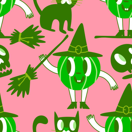 Halloween pumpkins seamless monsters pattern for wrapping paper and fabrics and lines and kids clothes print and festive packaging and autumn party accessories. High quality illustrationの写真素材