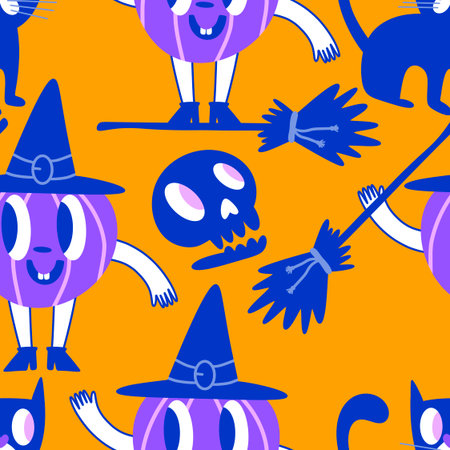 Halloween pumpkins seamless monsters pattern for wrapping paper and fabrics and lines and kids clothes print and festive packaging and autumn party accessories. High quality illustrationの写真素材