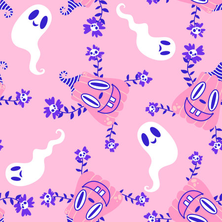 Autumn harvest vegetable seamless monster Halloween pumpkins pattern for wrapping paper and fabrics and kids clothes print and festive packaging and accessories. High quality illustrationの写真素材